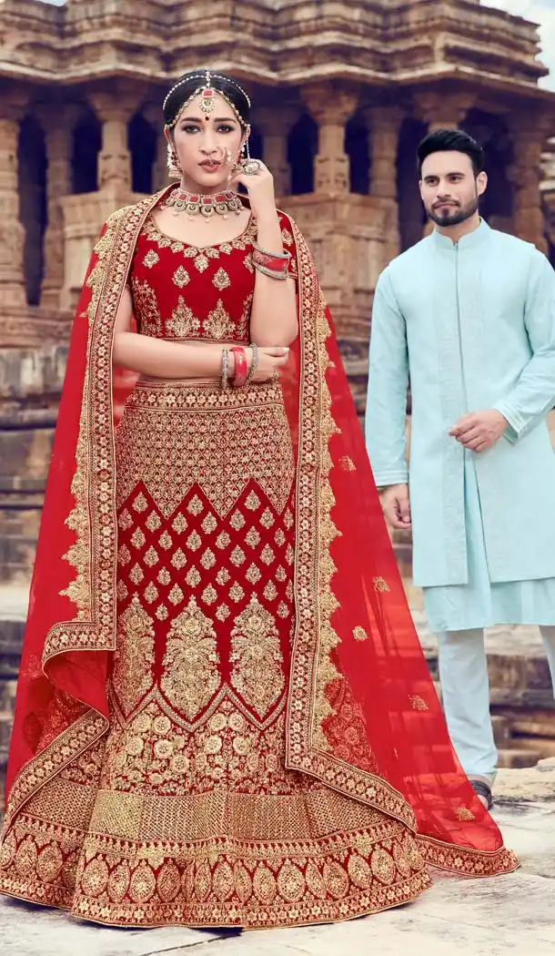 Velvet Red Color Bridal Wear Designer Lehenga Choli -616777002