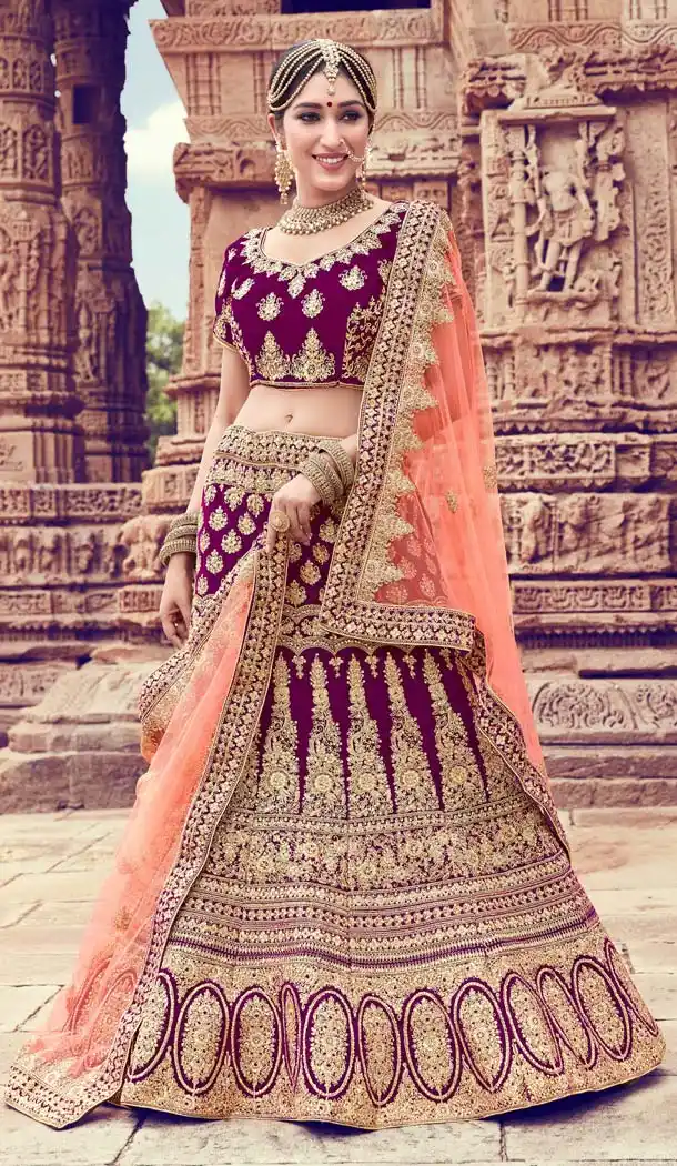 Velvet Wine Color Bridal Wear Designer Lehenga Choli -616777003