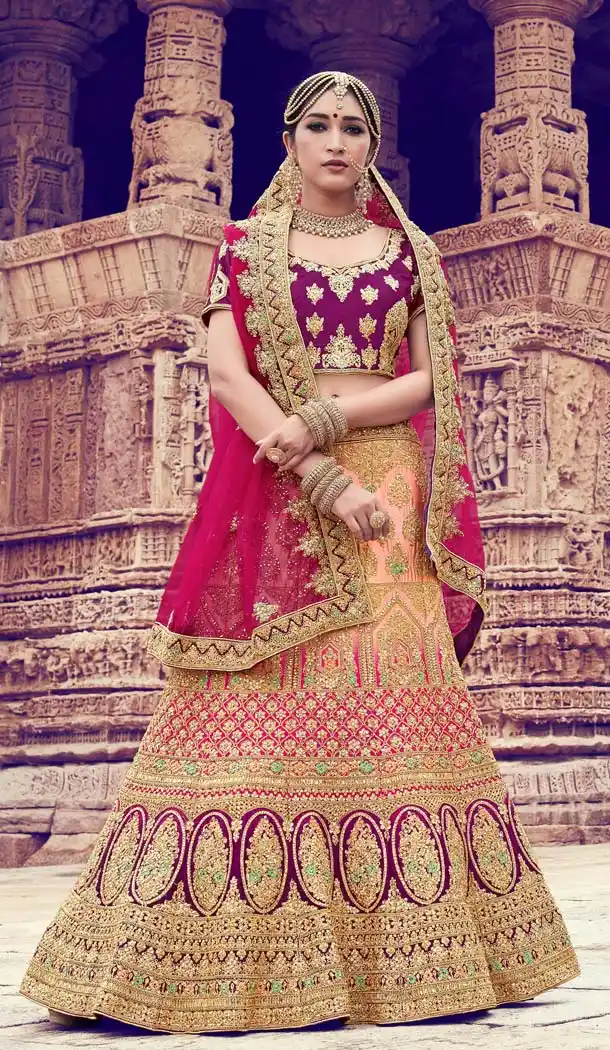 Naylon Peach Color Bridal Wear Designer Lehenga Choli -616777005