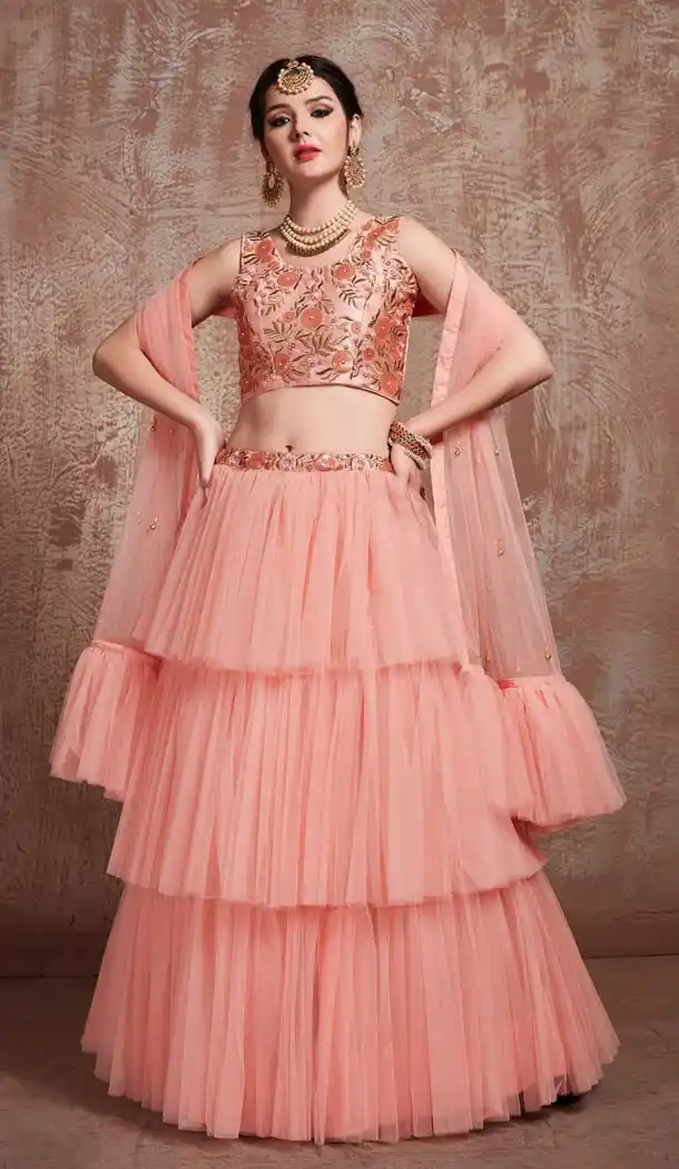 Exquisite Peach Net Fancy Party Wear Designer Lehenga Choli -617077020