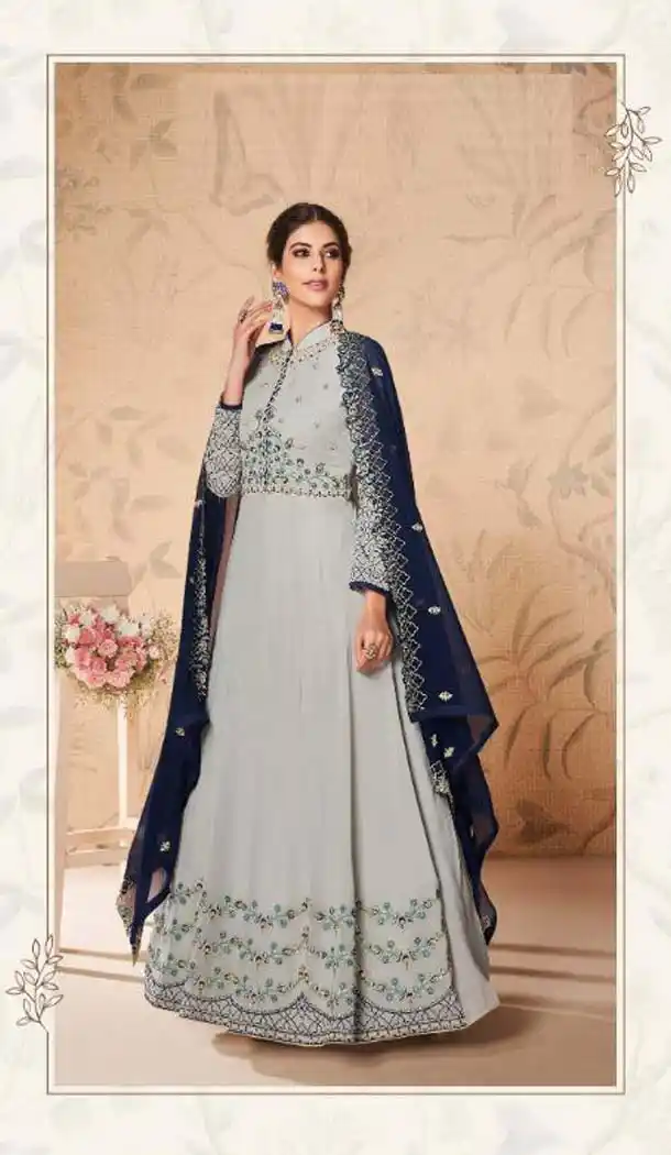 Grey Color Real Georgette Long Length Anarkali Salwar Kameez -435163103