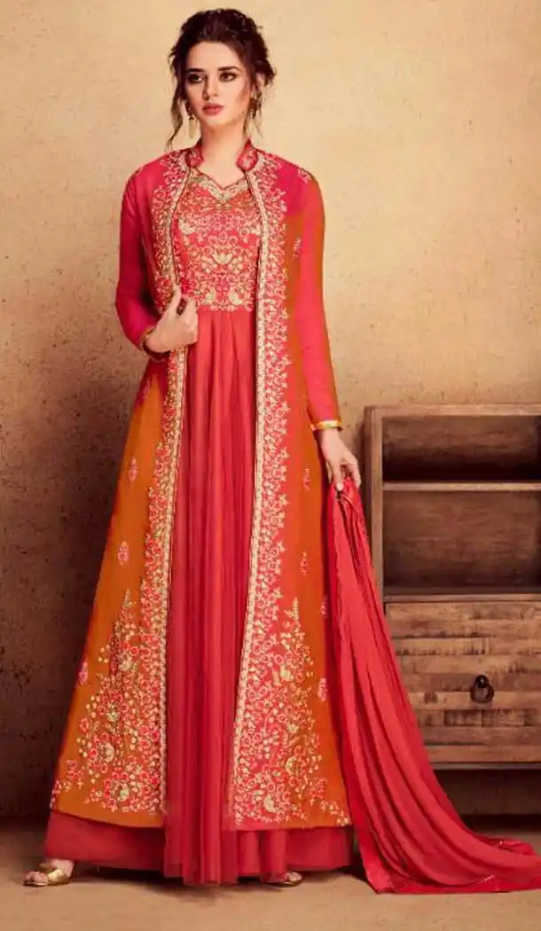 Gajari Pink Color Silk Party Wear Long Anarkali Salwar Kameez -444763954