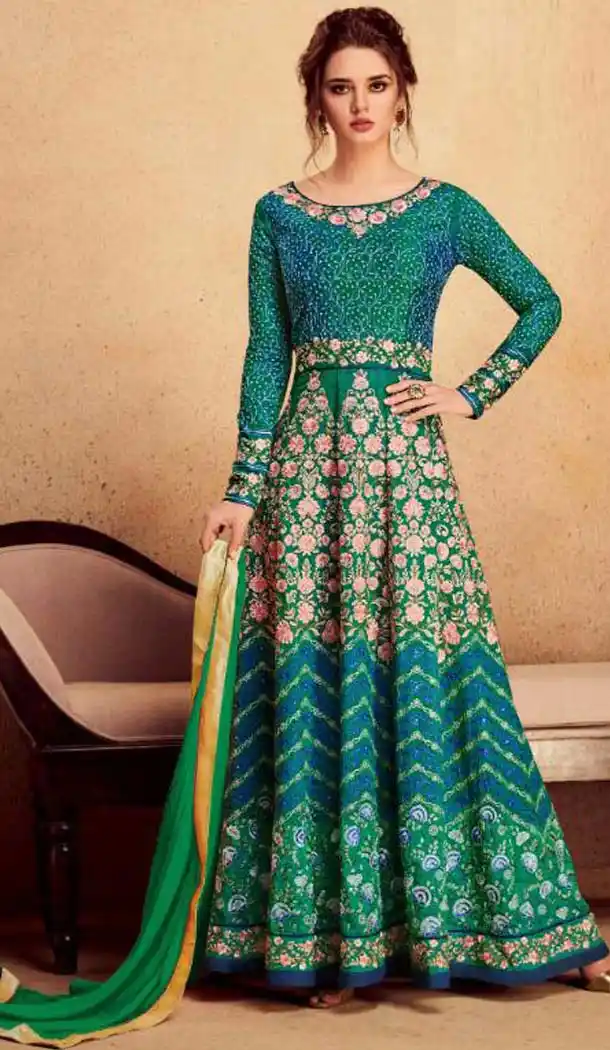Aqua Green Color Silk Party Wear Long Anarkali Salwar Kameez -444763955