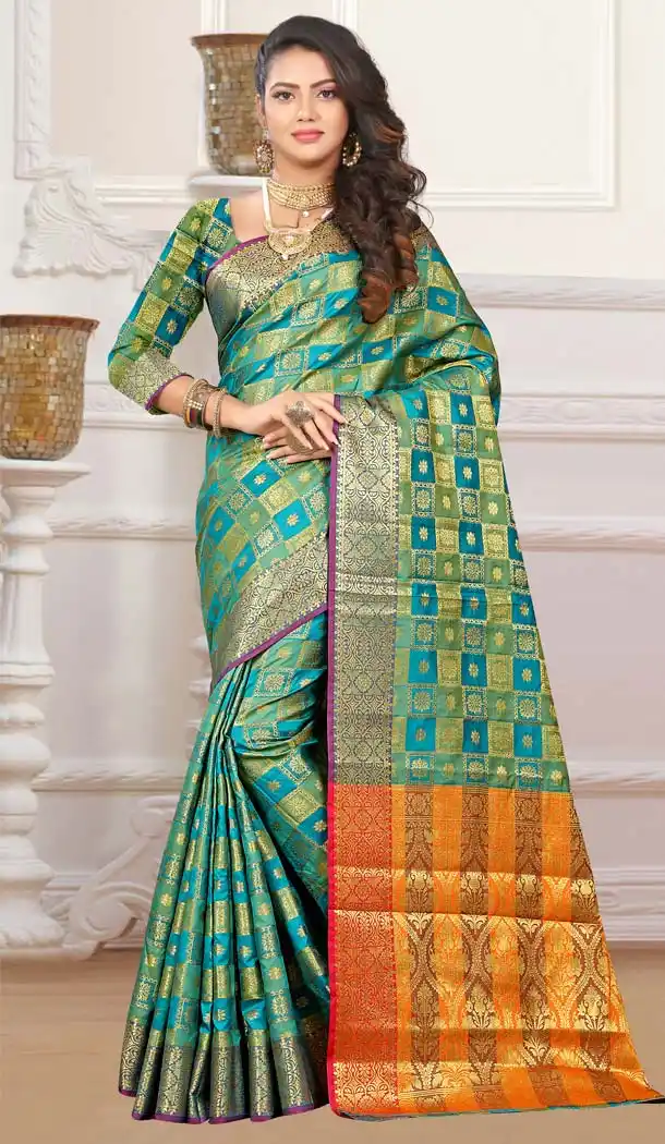 Patola Silk Blue Green Color Traditional Wear Saree Blouse -432162902
