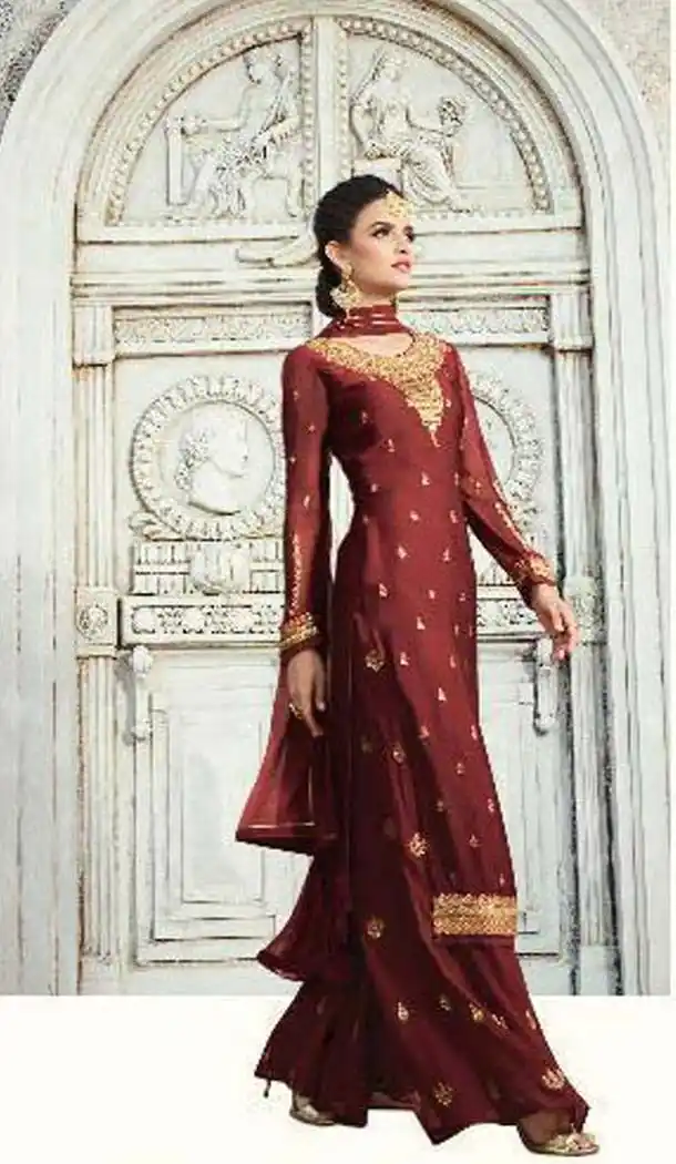 Maroon Color Georgette Party Pakistani Style Sharara Suit -445063969