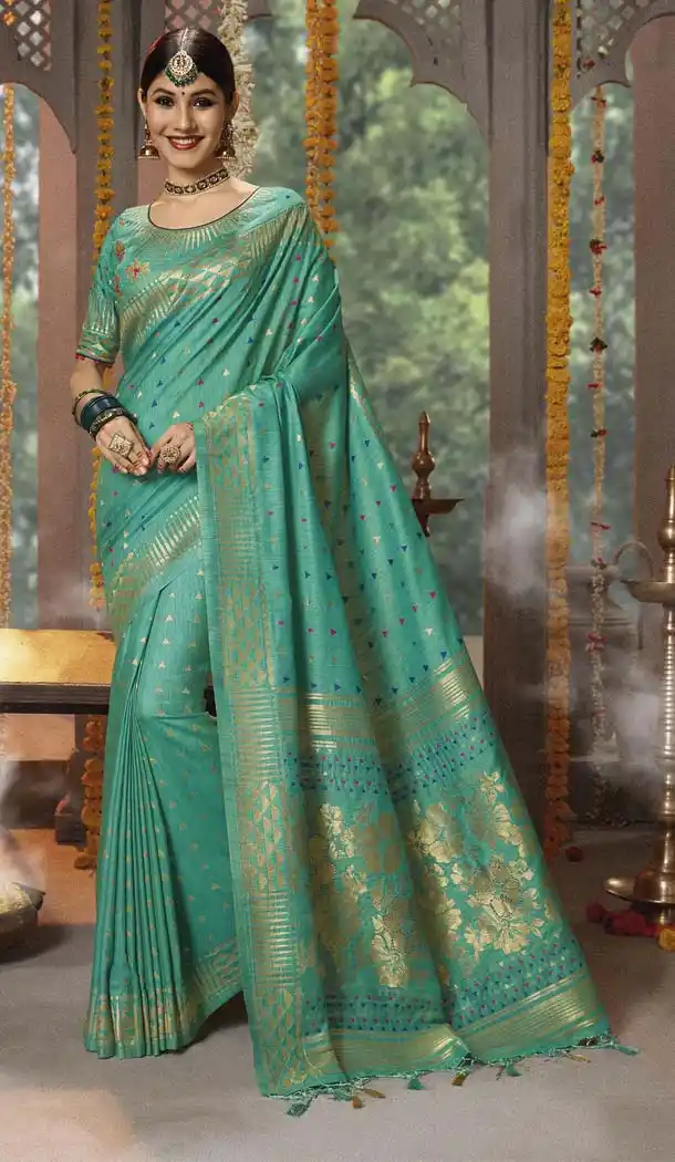 Firozi Green Color Cotton Jacquard Designer Party Wear Sarees -445764057