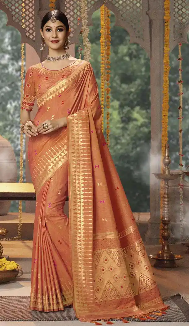 Orange Color Cotton Jacquard Designer Party Wear Sarees -445764058