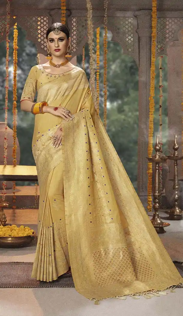 Light Yellow Color Cotton Jacquard Designer Party Wear Sarees -445764059