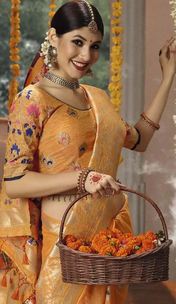 Light Orange Color Cotton Jacquard Designer Party Wear Sarees -445764060
