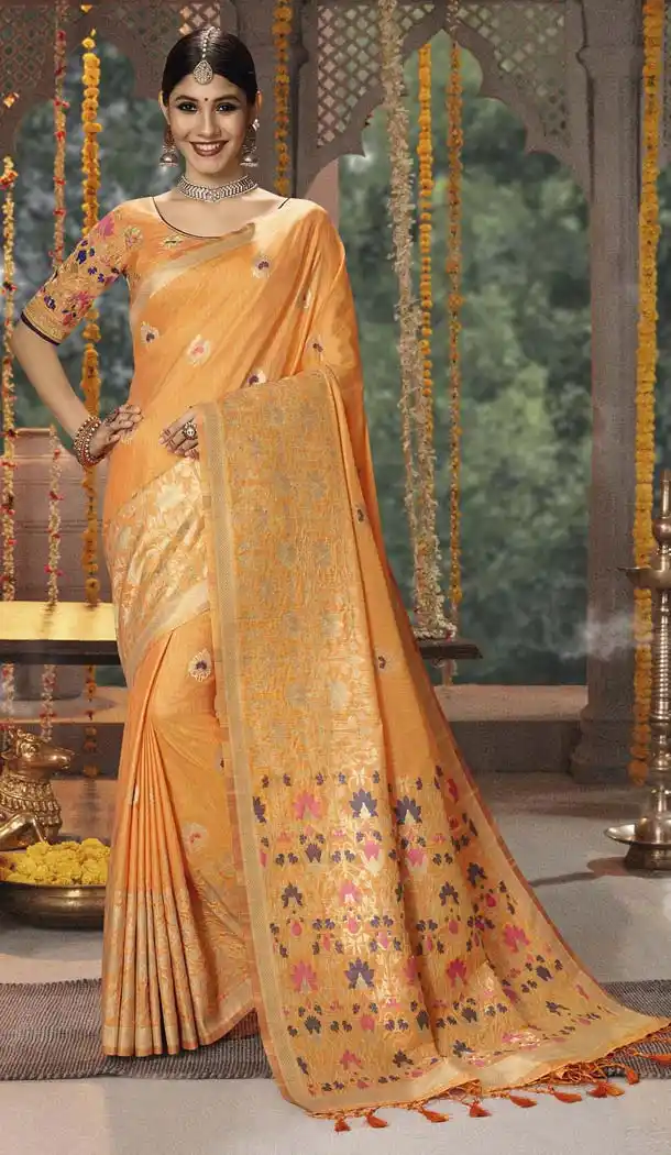 Light Orange Color Cotton Jacquard Designer Party Wear Sarees -445764060