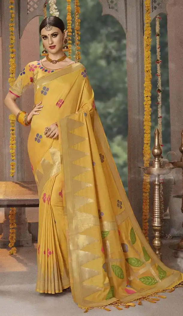 Yellow Color Cotton Jacquard Designer Party Wear Sarees -445764061