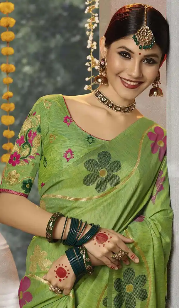 Green Color Cotton Jacquard Designer Party Wear Sarees -445764062