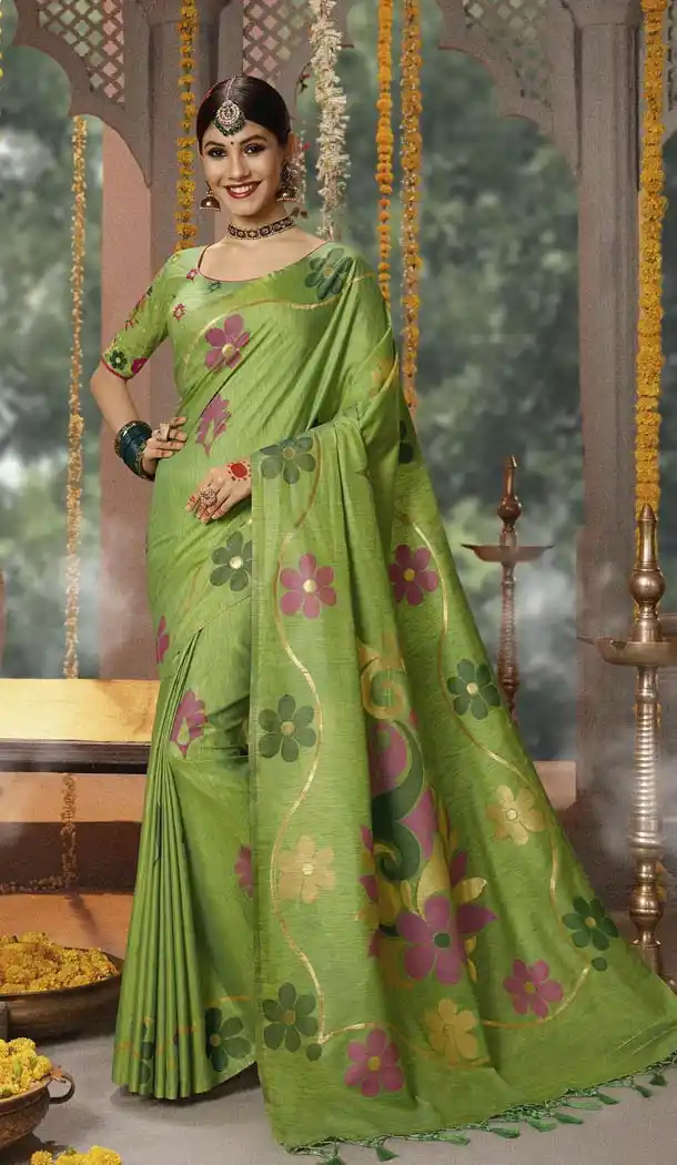 Green Color Cotton Jacquard Designer Party Wear Sarees -445764062