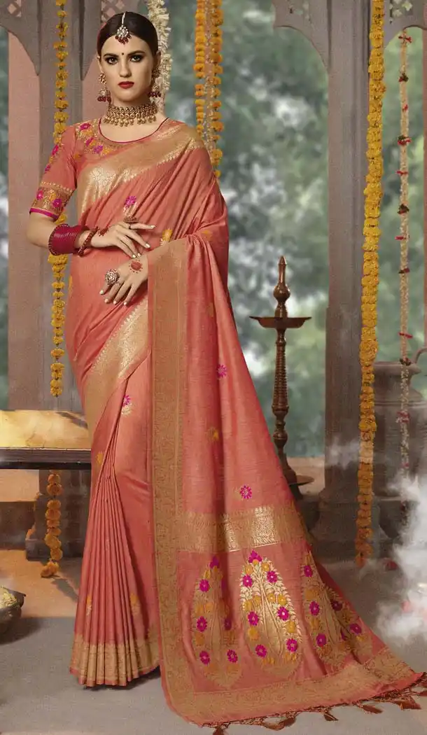 Light Peach Color Cotton Jacquard Designer Party Wear Sarees -445764063