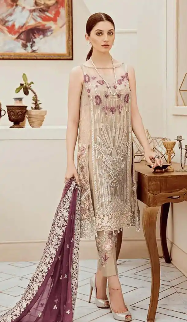 Georgette Cream Color Pakistani Style Party Wear Salwar Suit -446764107