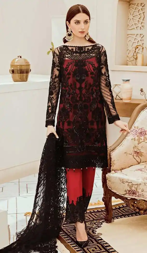 Georgette Red Color Pakistani Style Party Wear Salwar Suit -446764108