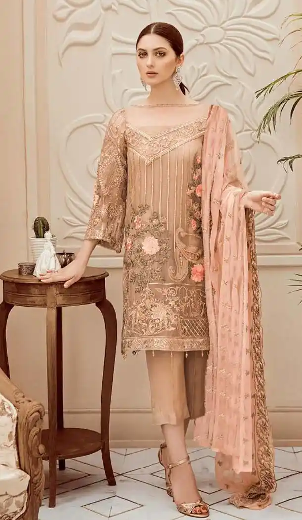 Georgette Cream Color Pakistani Style Party Wear Salwar Suit -446764111
