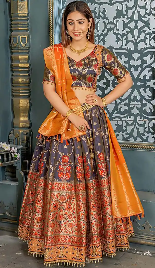 Banarasi Silk Teal Grey Color Mehendi Sangeet Wear Lehenga Choli -612276394