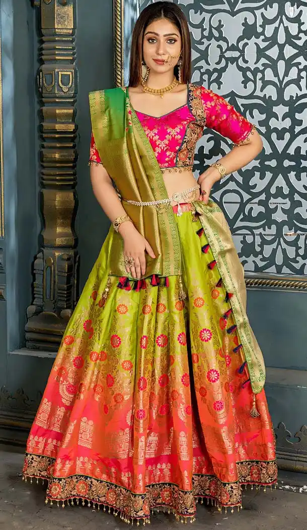 Banarasi Silk Kime Green Mehendi Sangeet Wear Lehenga Choli -612276397
