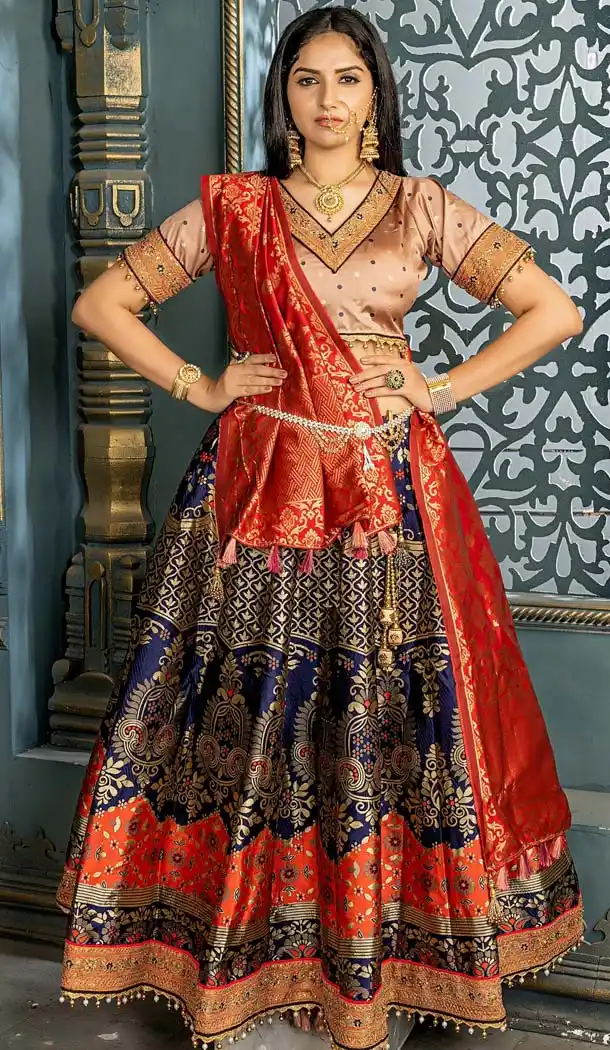 Navy Blue Banarasi Silk Mehendi Sangeet Wear Lehenga Choli -612276398