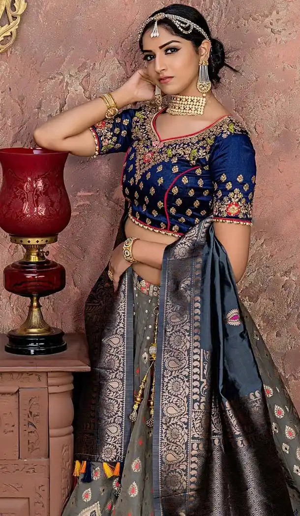 Grey Color Banarasi Silk Mehendi Sangeet Wear Lehenga Choli -618677190