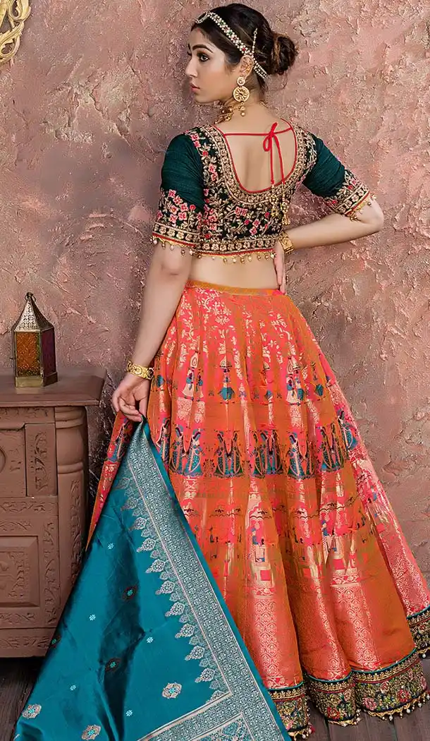 Pink Orange Banarasi Silk Mehendi Sangeet Wear Lehenga Choli -618677191