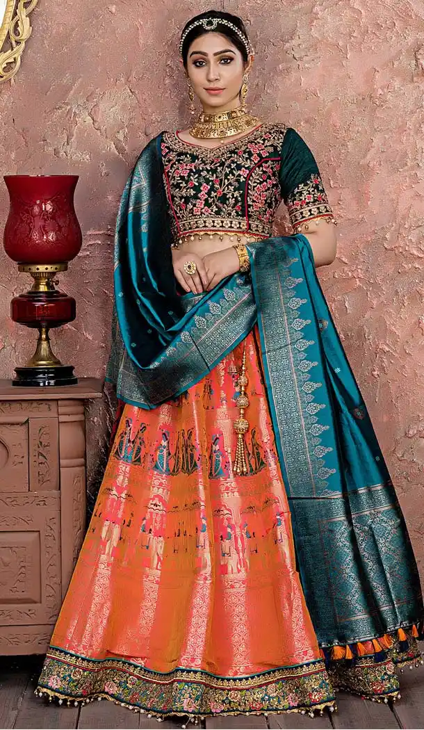 Pink Orange Banarasi Silk Mehendi Sangeet Wear Lehenga Choli -618677191