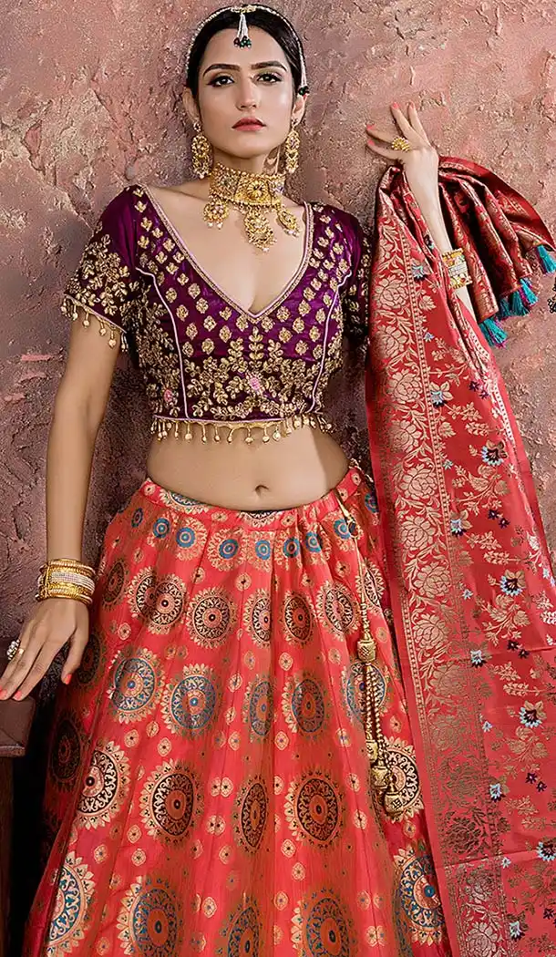 Punch Pink Color Banarasi Silk Mehendi Sangeet Wear Lehenga Choli -618677192