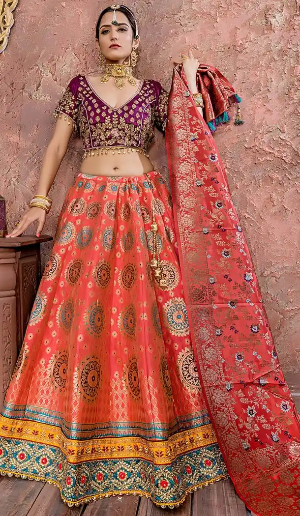 Punch Pink Color Banarasi Silk Mehendi Sangeet Wear Lehenga Choli -618677192
