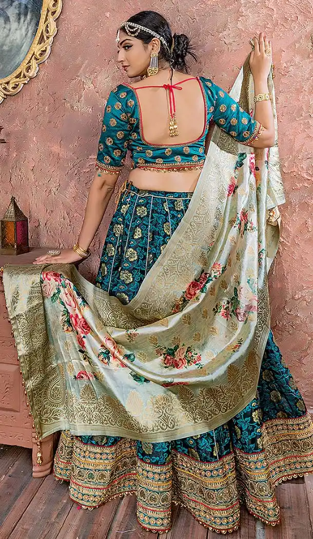 Pine Green Banarasi Silk Mehendi Sangeet Wear Lehenga Choli -618677193