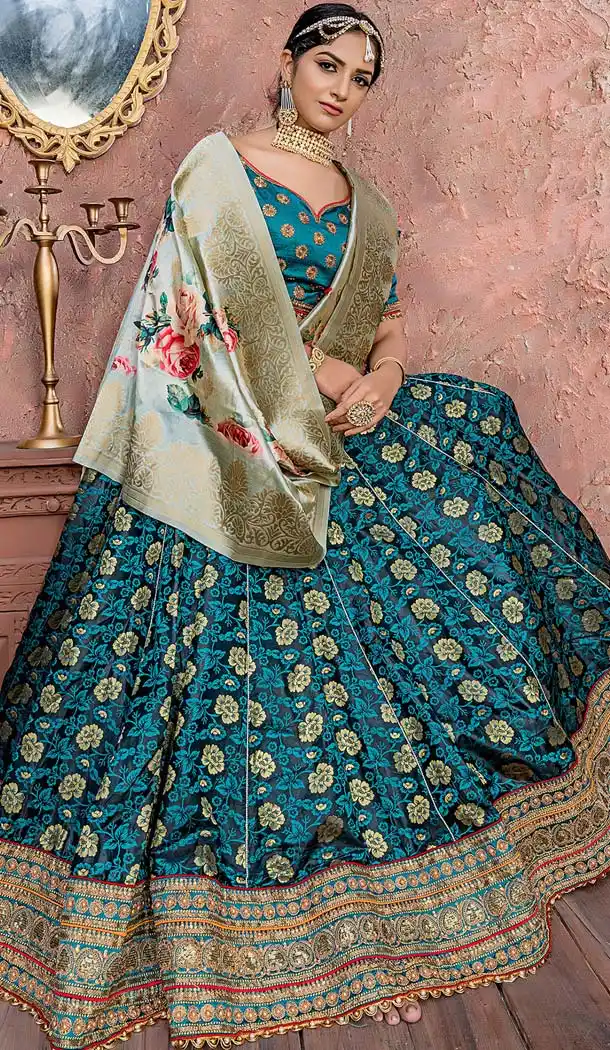 Pine Green Banarasi Silk Mehendi Sangeet Wear Lehenga Choli -618677193