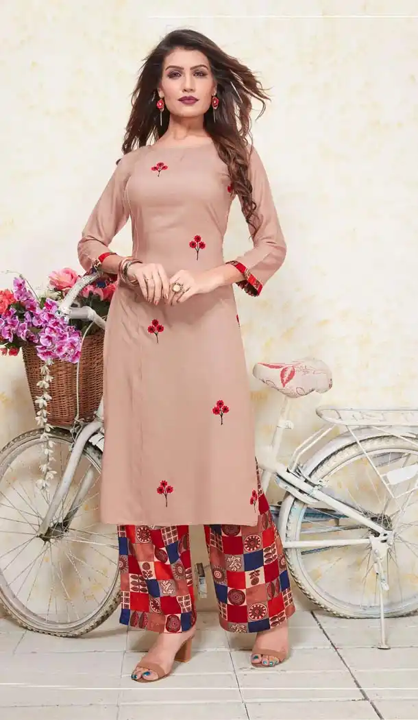 Old Rose Heavy Rayon Plus Size Readymade Kurti With Palazzo -618477179