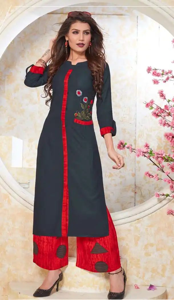 Steel Green Heavy Rayon Plus Size Readymade Kurti With Palazzo -618477180