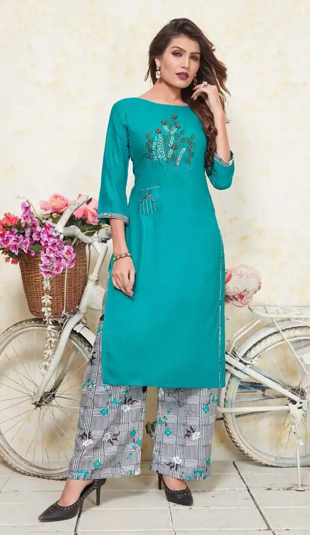 Blue Heavy Rayon Plus Size Readymade Kurti With Palazzo -618477181