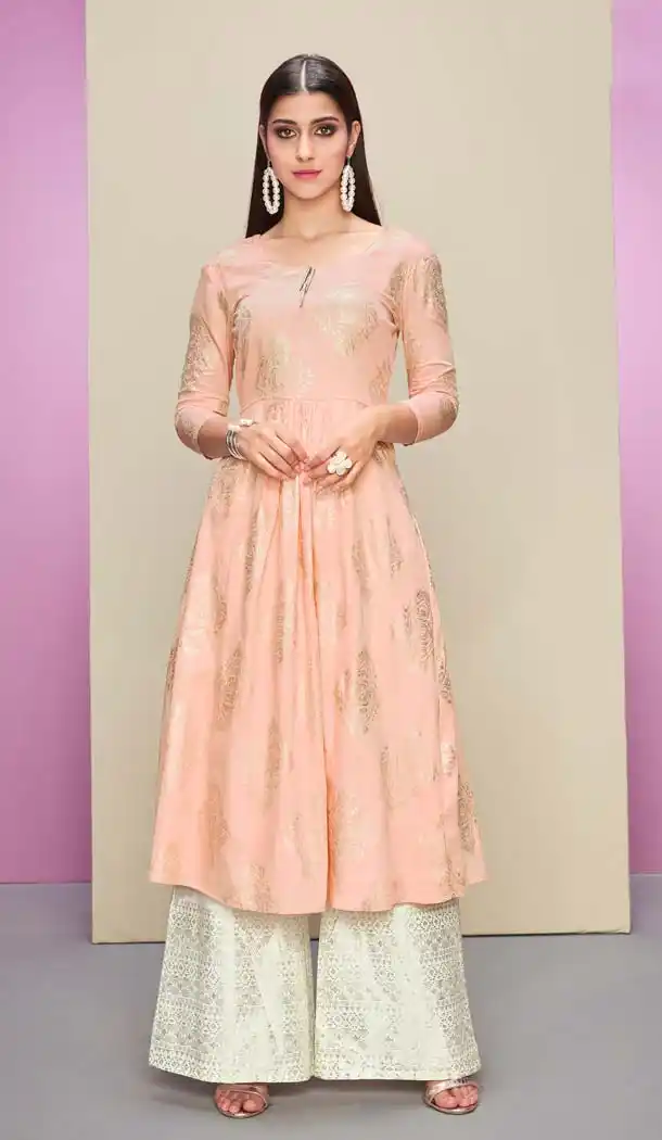 Peach Color Cotton Satin Plus Size Readymade Kurti With Palazzo -618877203