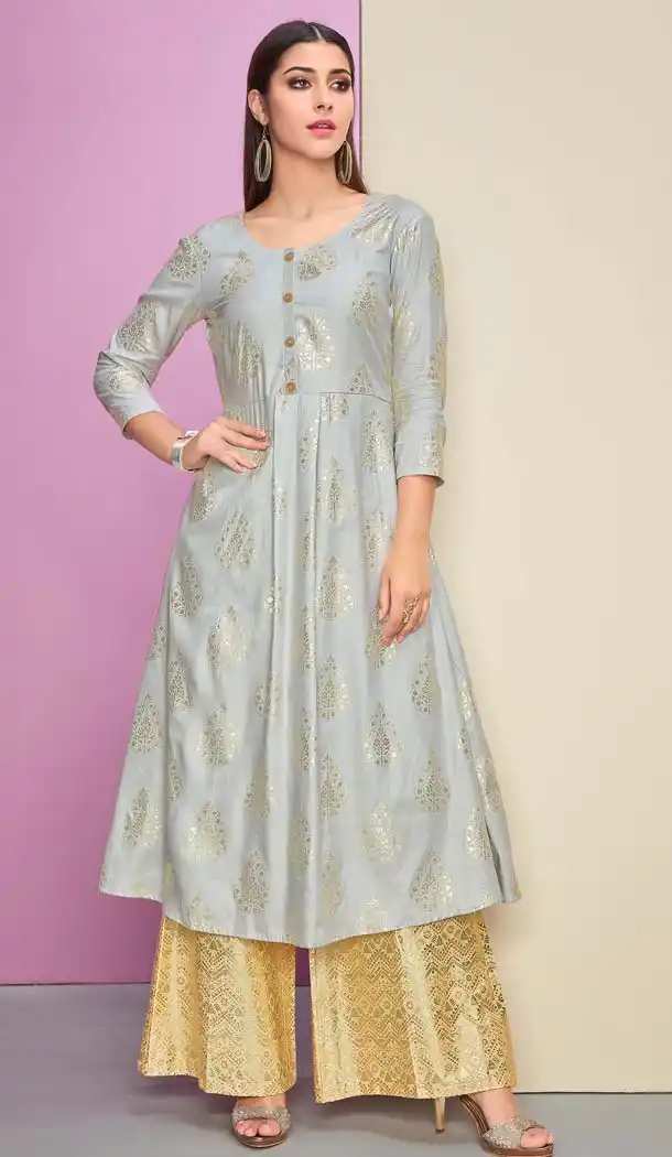 Grey Color Cotton Satin Plus Size Readymade Kurti With Palazzo -618877205