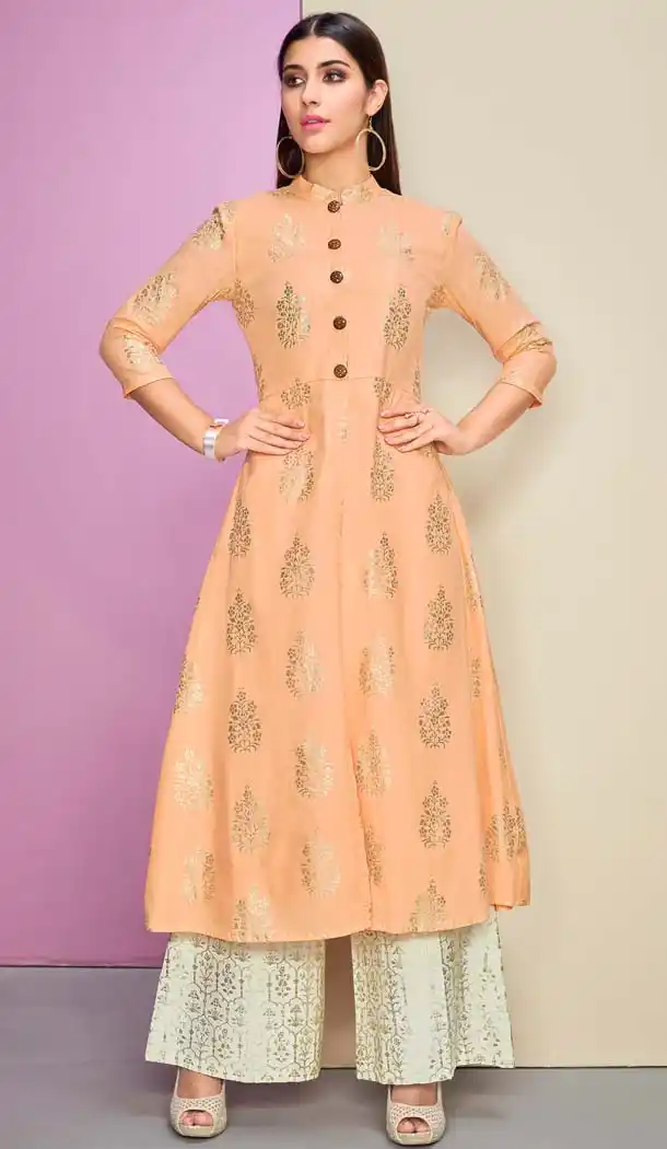 Orange Color Cotton Satin Plus Size Readymade Kurti With Palazzo -618877206