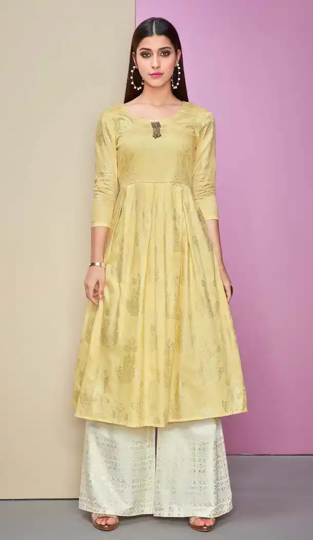 Yellow Color Cotton Satin Plus Size Readymade Kurti With Palazzo -618877207