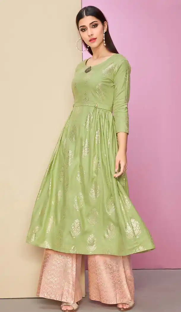 Green Color Cotton Satin Plus Size Readymade Kurti With Palazzo -618877208