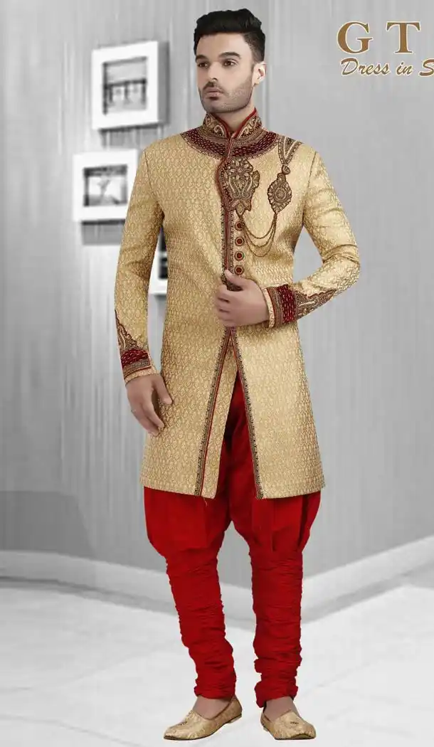 Gold Color Dupion Plus Size Readymade Classic Man Sherwani -602374990