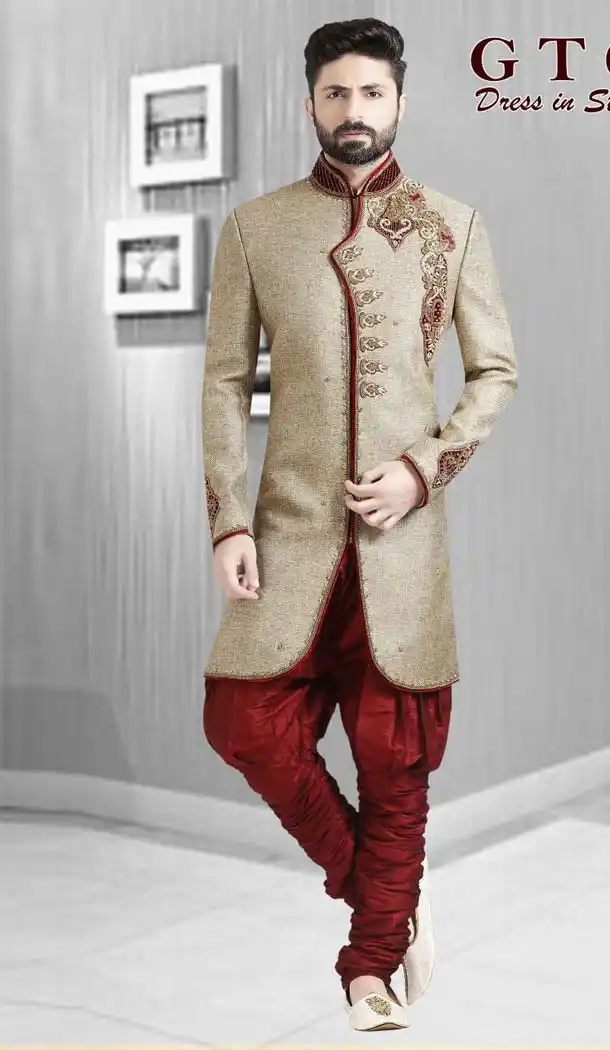 Beige Color Jacquard Plus Size Readymade Classic Man Sherwani -602374991