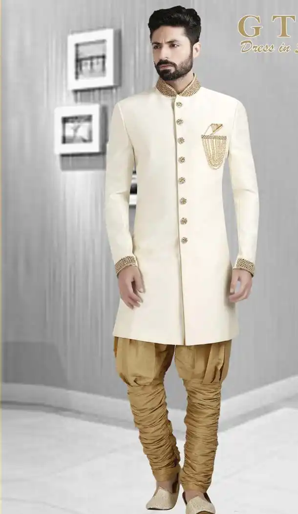 Cream Color Dupion Plus Size Readymade Classic Man Sherwani -602374992