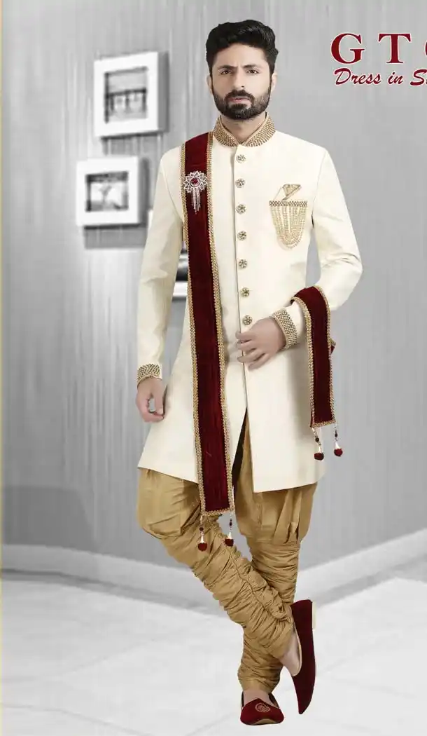 Dupion Cream Color Plus Size Readymade Classic Man Sherwani -602374993