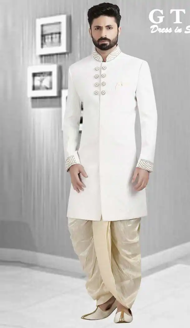 White Color Dupion Plus Size Readymade Classic Man Sherwani -602374995