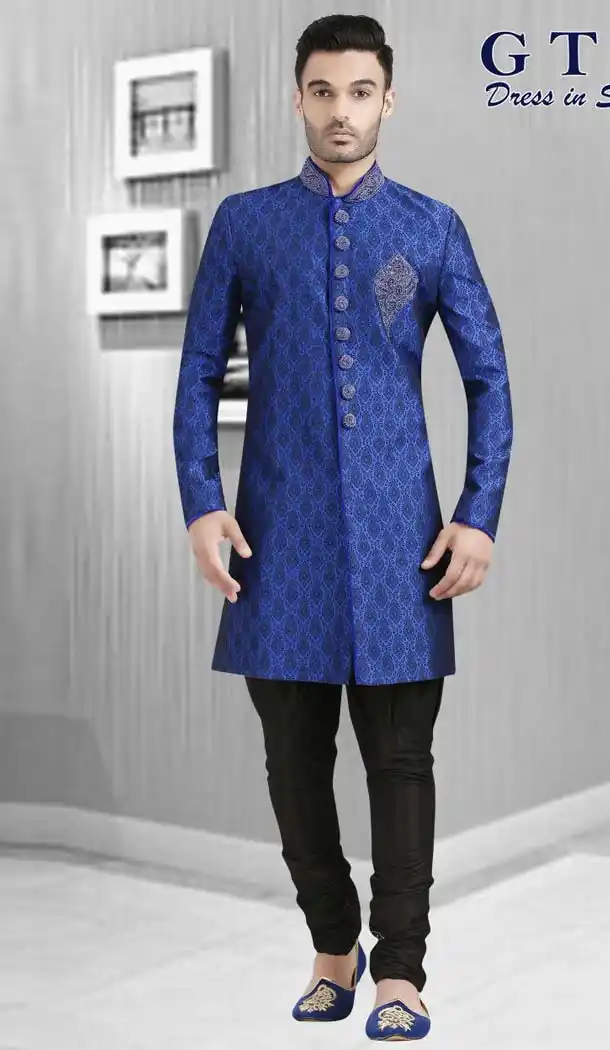 Royal Blue Color Dupion Plus Size Readymade Classic Man Sherwani -602374997