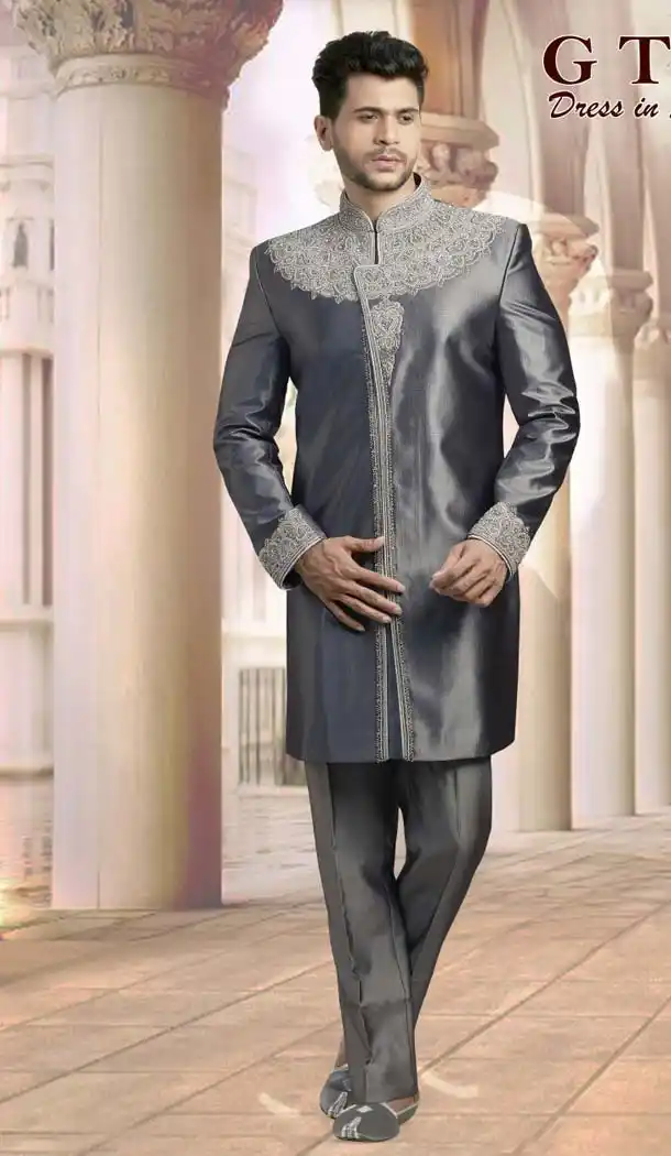 Grey Color Dupion Plus Size Readymade Classic Man Sherwani -602374998