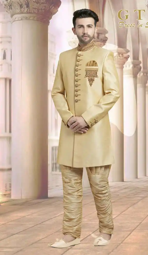 Cream Color Dupion Plus Size Readymade Classic Man Sherwani -602374999