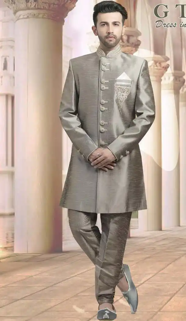 Grey Color Jacquard Plus Size Readymade Classic Man Sherwani -602375000