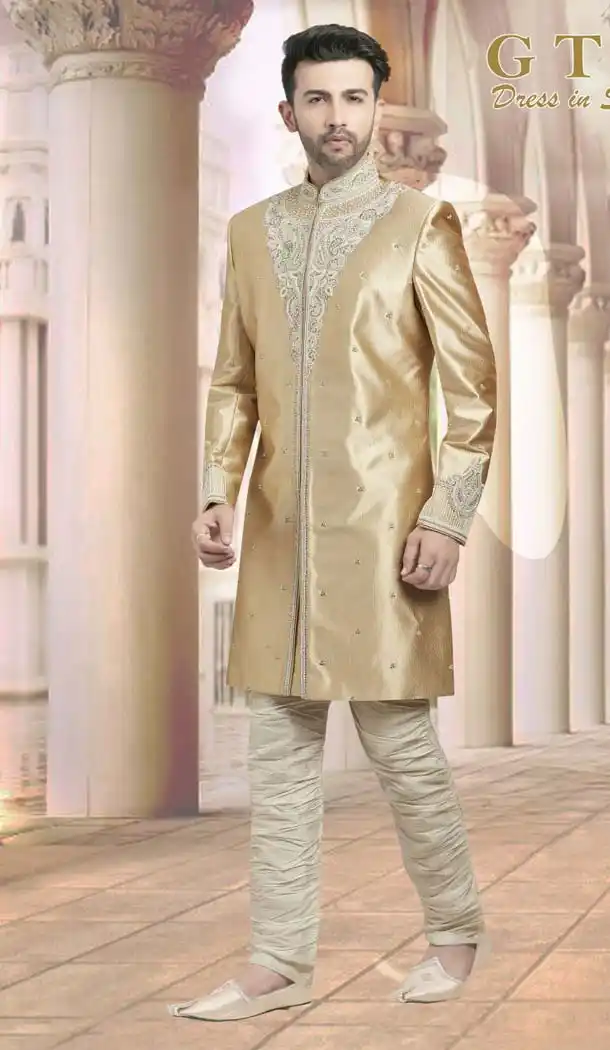 Gold Color Dupion Plus Size Readymade Classic Man Sherwani -602375001