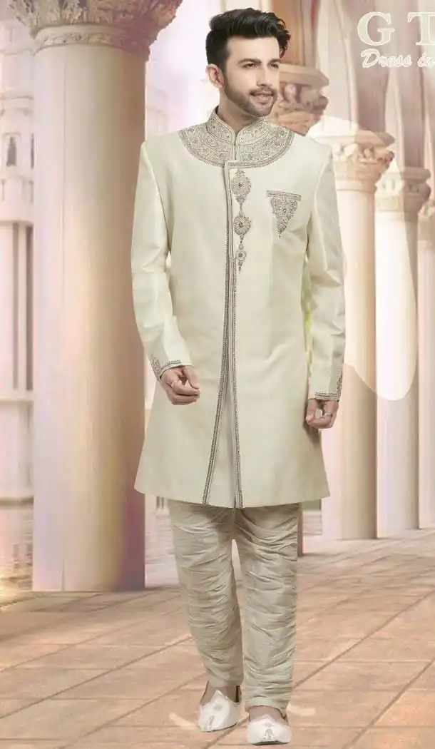 Cream Color Dupion Plus Size Readymade Classic Man Sherwani -602375002